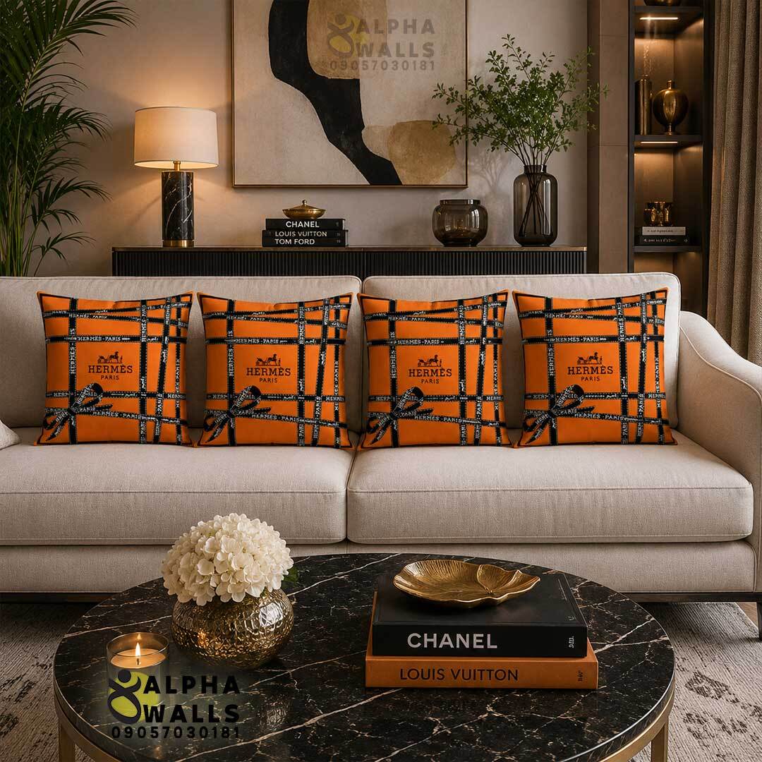  روکش کوسن مخمل طرح روبان هرمس نارنجی مدل Orange Ribbon 