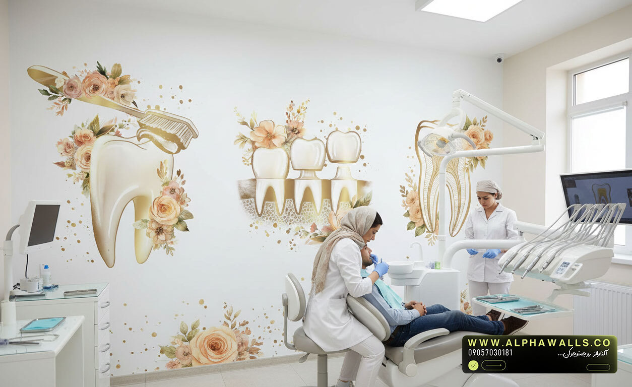  پوستر دیواری دندانپزشکی طرح آناتومی دندان و گل رز 