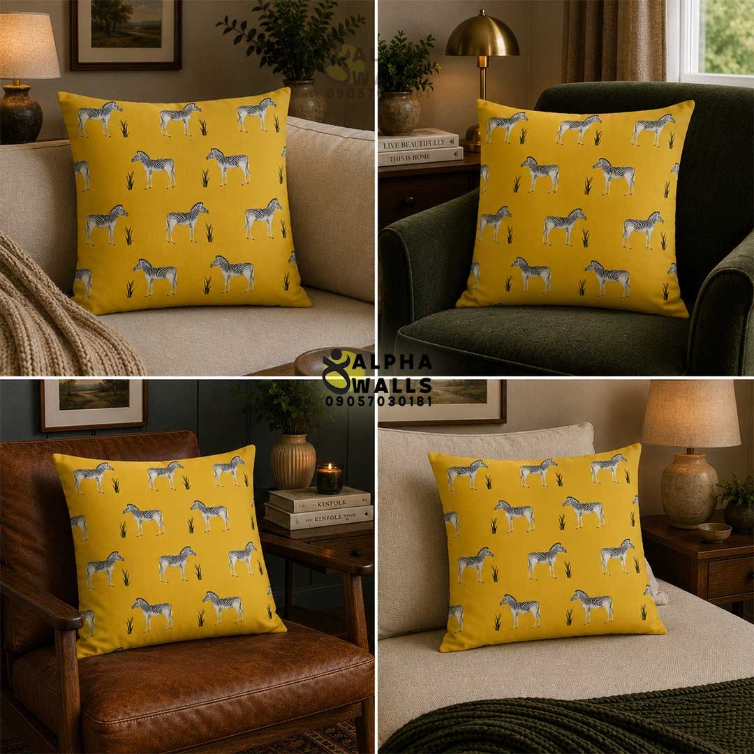 کاور کوسن مخمل زرد طرح گورخر Yellow Zebra Safari | روکش کوسن مبل مدرن