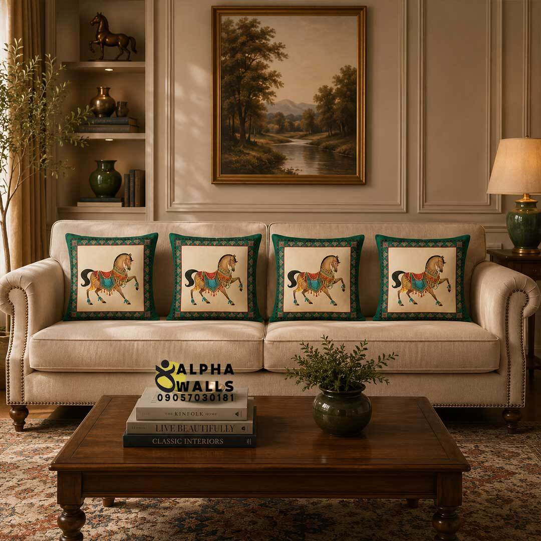 روکش کوسن مخمل سبز طرح اسب کلاسیک مدل Royal Horse Green