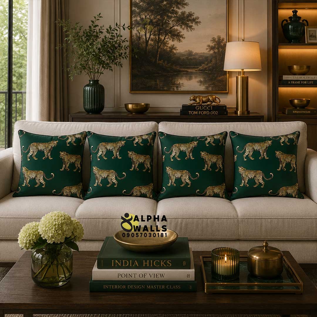  کاور کوسن مخمل سبز طرح پلنگ Green Leopard | روکش کوسن مبل پلنگی مدرن 