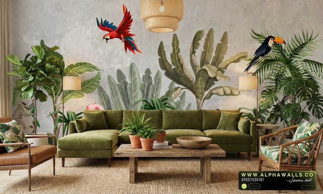  پوستر دیواری طرح جنگل استوایی با پرندگان روی زمینه طوسی روشن 