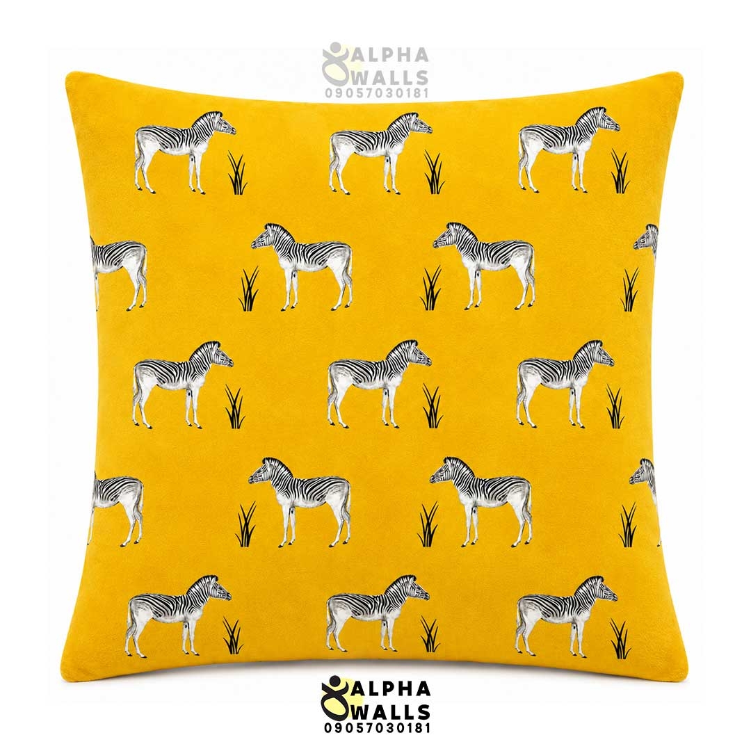 کاور کوسن مخمل زرد طرح گورخر Yellow Zebra Safari | روکش کوسن مبل مدرن