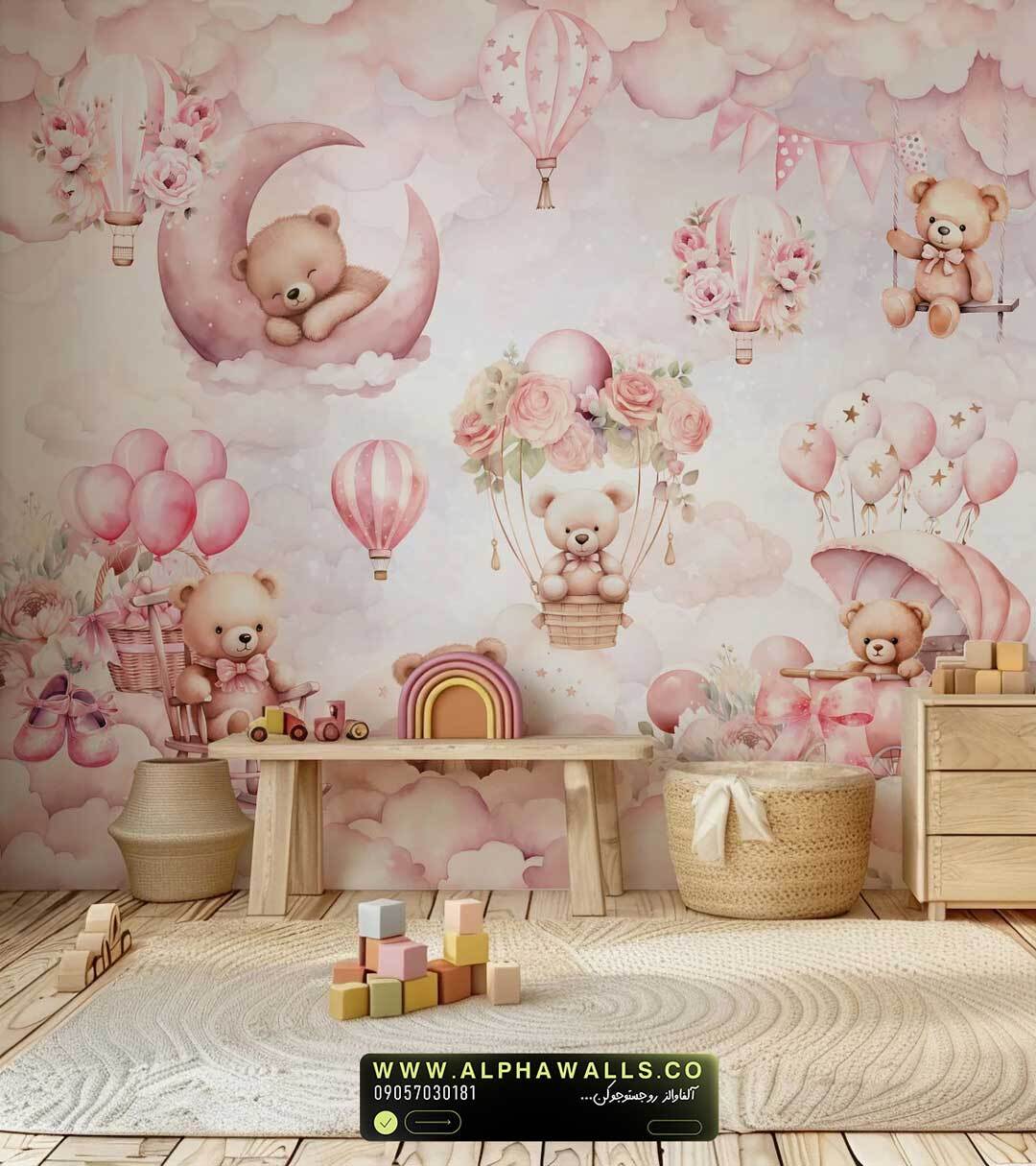 پوستر دیواری کودک طرح خرسهای صورتی در آسمان رویایی