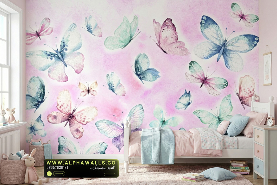 پوستر دیواری کودکانه طرح پروانههای پاستلی