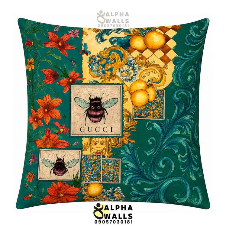 روکش کوسن مخمل طرح زنبور و گل با زمینه سبز مدل Emerald Bee
