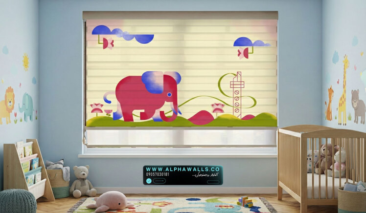 پرده زبرا اتاق کودک طرح فیل فانتزی با رنگ‌های شاد ملایم