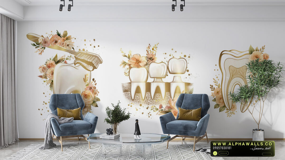  پوستر دیواری دندانپزشکی طرح آناتومی دندان و گل رز 