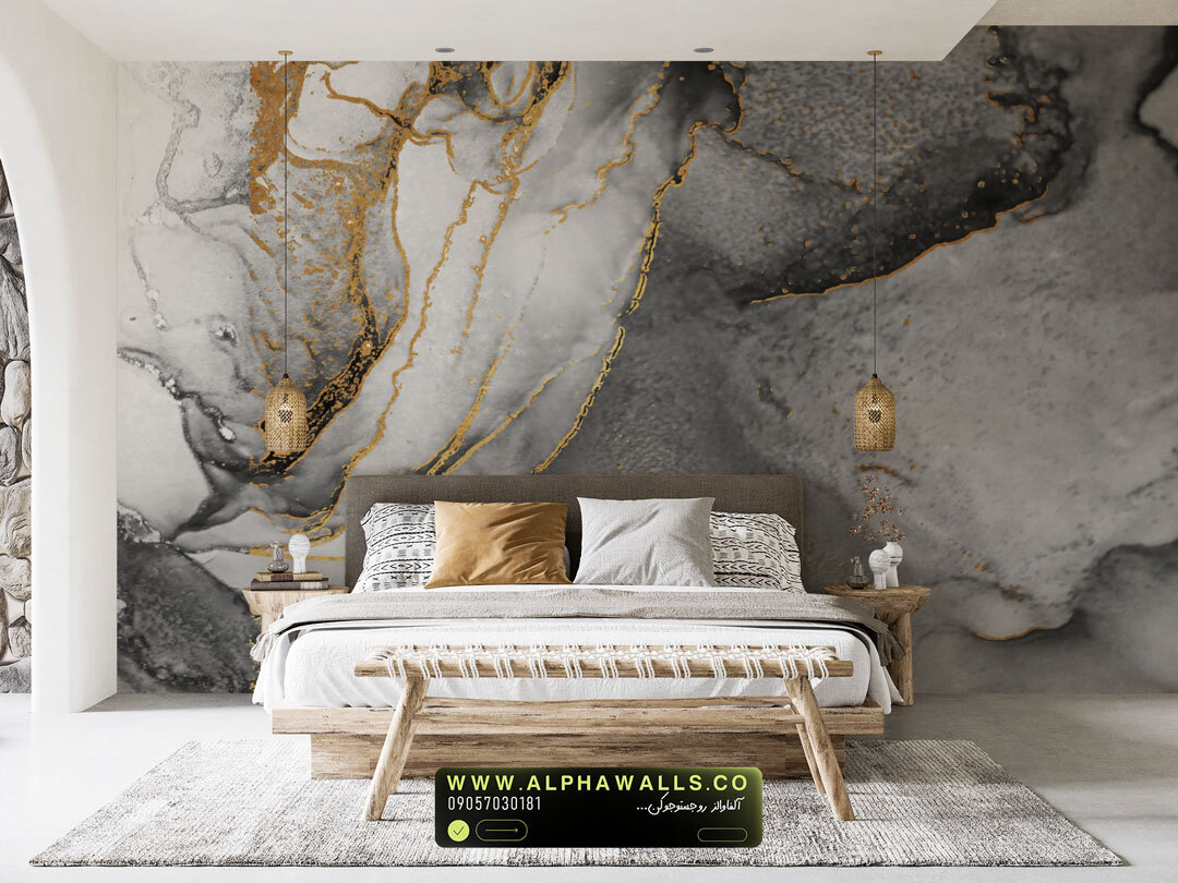  پوستر دیواری طرح سنگ مدرن طوسی دودی با رگه‌های طلایی برجسته 