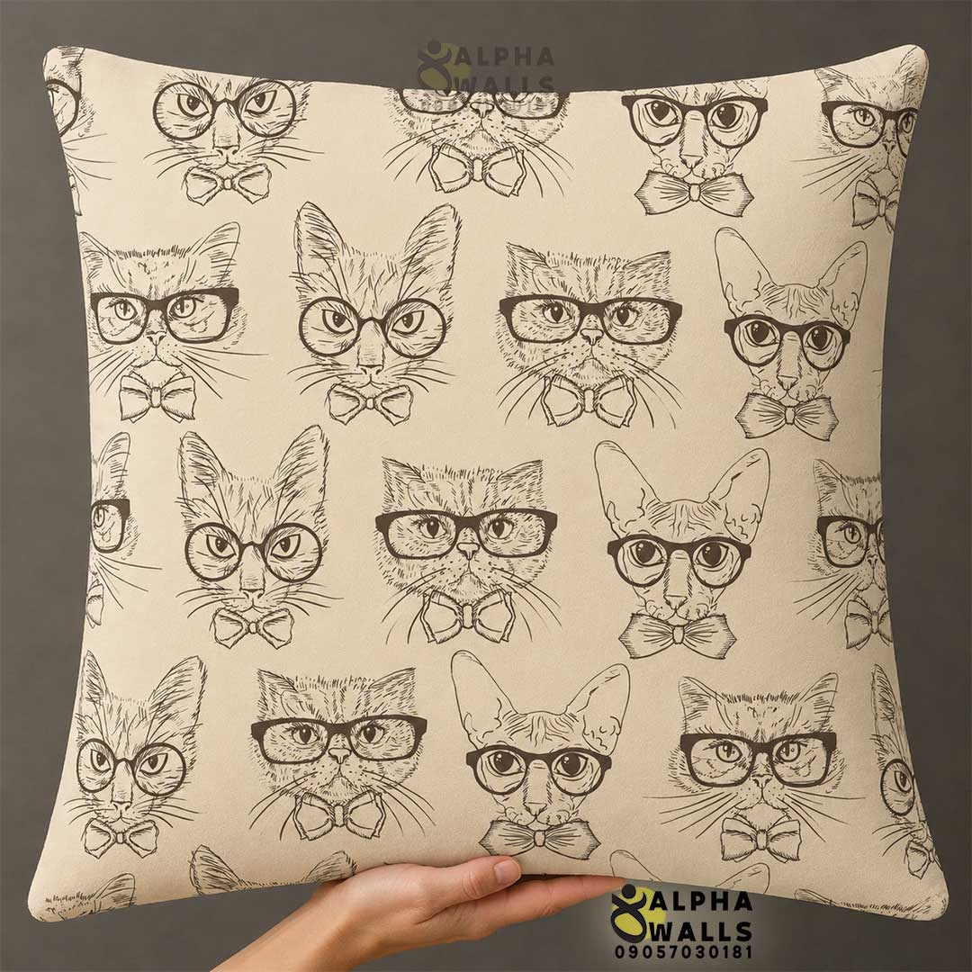روکش کوسن مخمل طرح گربه عینکی کرم مدل Hipster Cats