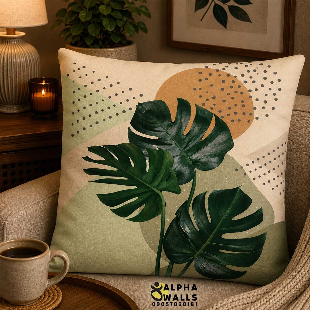  روکش کوسن مخمل طرح برگ انجیری سبز مدل Monstera Nature 