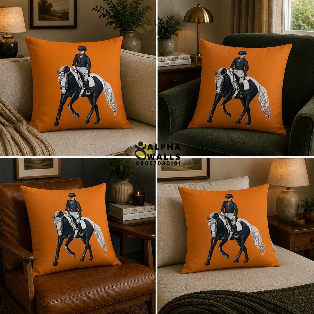  کاور کوسن مخمل نارنجی طرح اسب و سوارکار Equestrian Rider | روکش کوسن مبل سوارکاری لوکس 