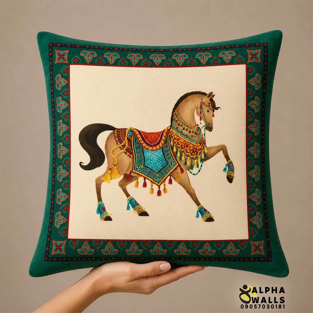 روکش کوسن مخمل سبز طرح اسب کلاسیک مدل Royal Horse Green