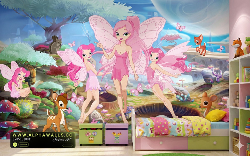 پوستر دیواری کودکانه طرح پریهای صورتی و دنیای فانتزی