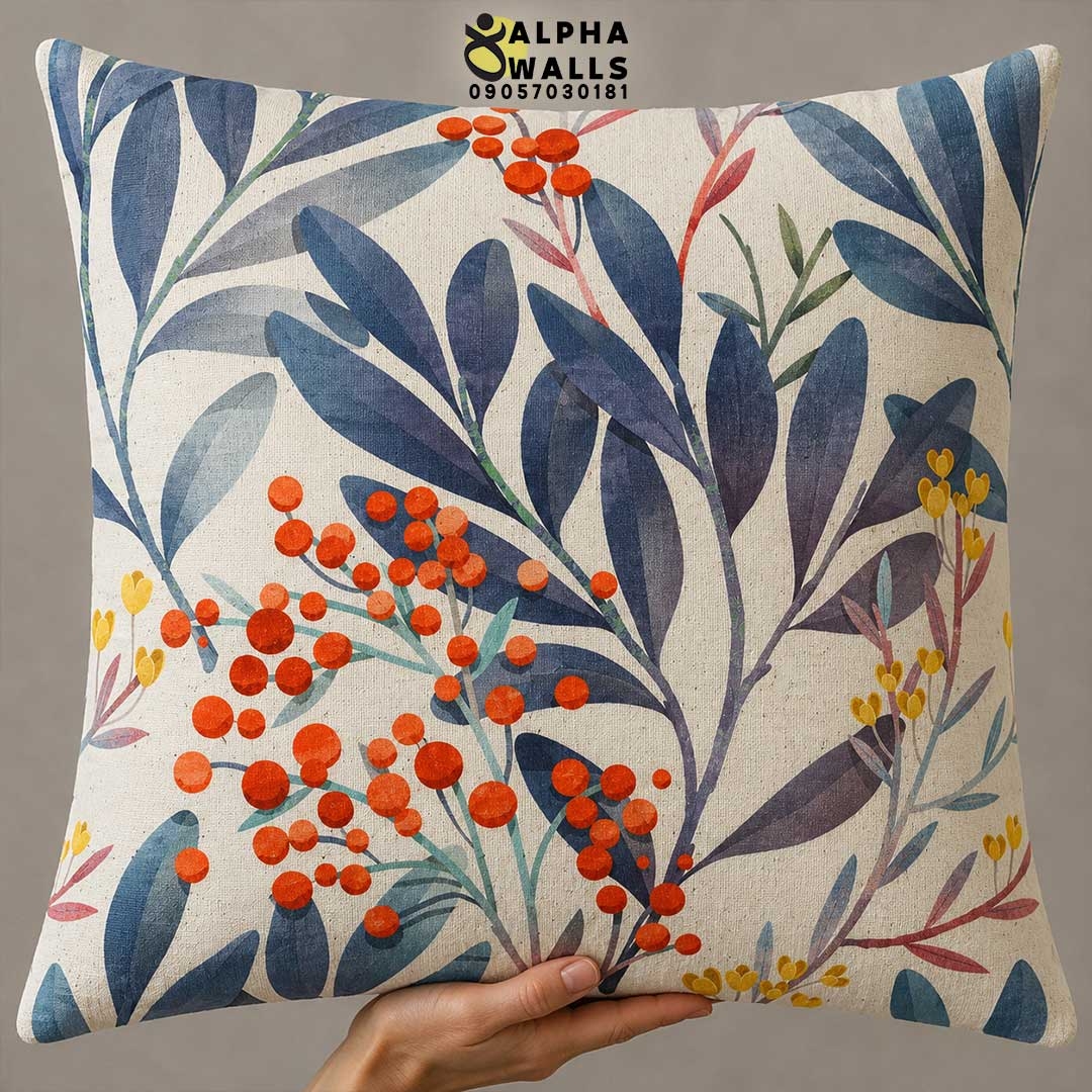 روکش کوسن مخمل طرح برگ و توت قرمز مدل Autumn Berries
