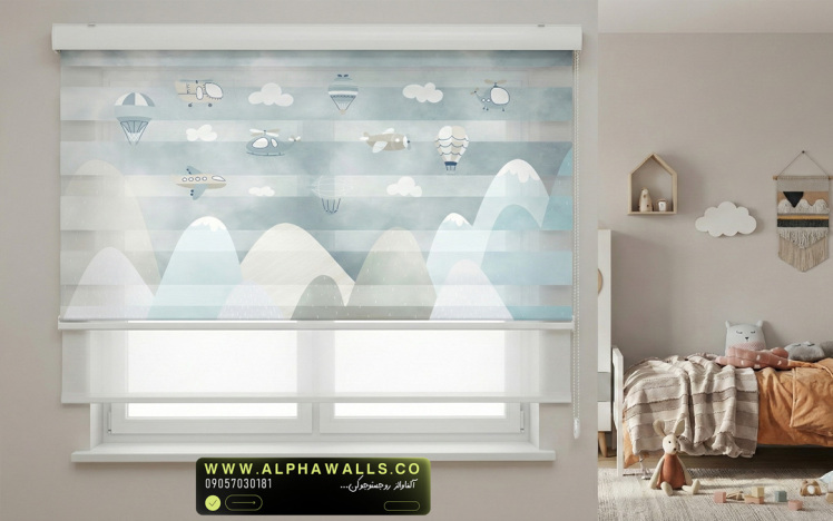 پرده زبرا اتاق کودک طرح آسمان و پرواز با تم مینیمال آرام