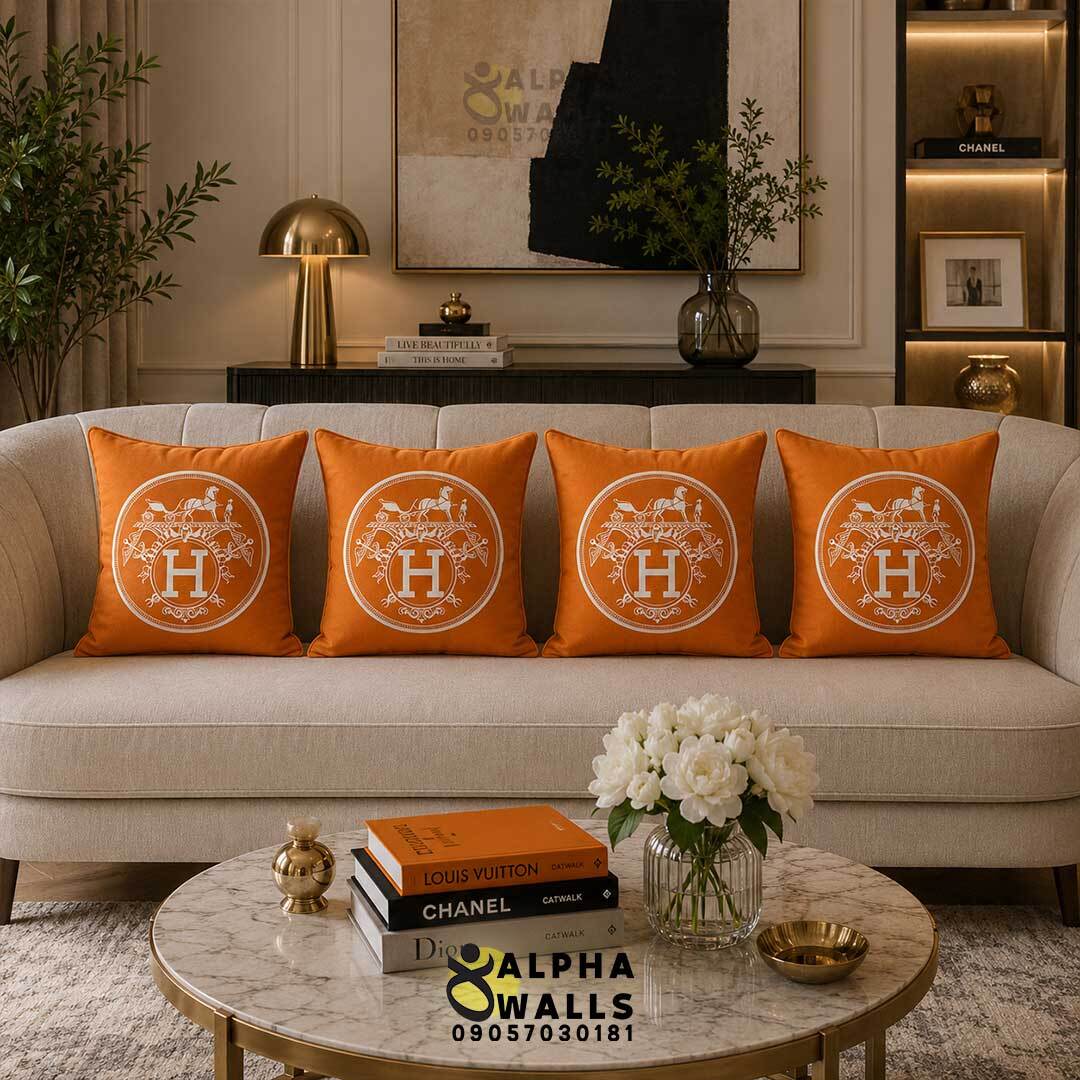  روکش کوسن مخمل نارنجی هرمس مدل Hermes Orange Emblem 