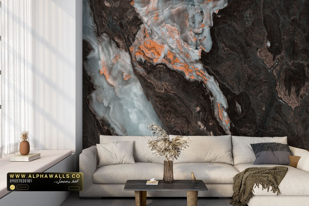  پوستر دیواری طرح سنگ اونیکس تیره با رگه‌های مسی گرم 