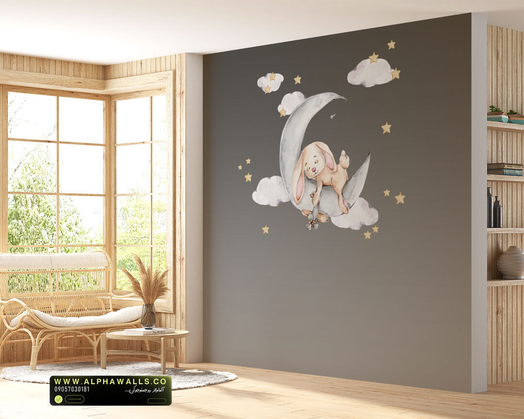  پوستر دیواری کودک طرح خرگوش خوابیده روی ماه 