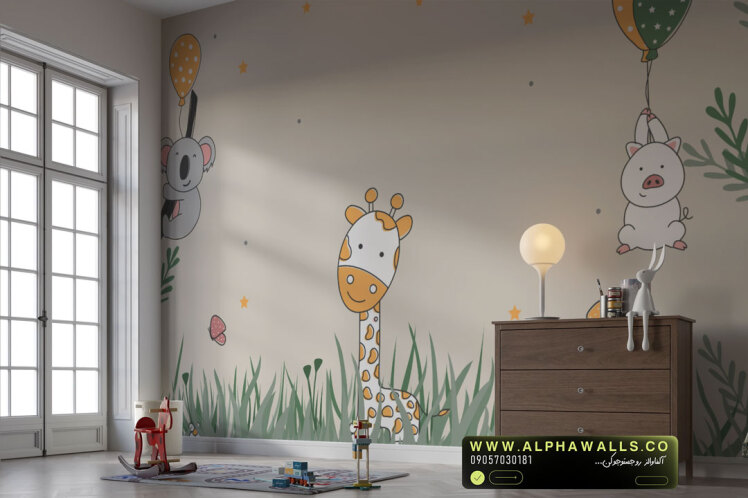 پوستر دیواری کودک طرح حیوانات جنگلی با زمینه کرم خاکی