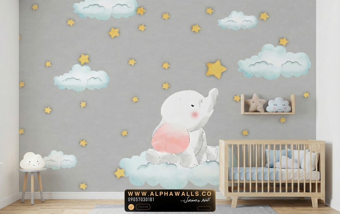  پوستر دیواری کودک طرح فیل روی ابرها با ستاره‌های طلایی 