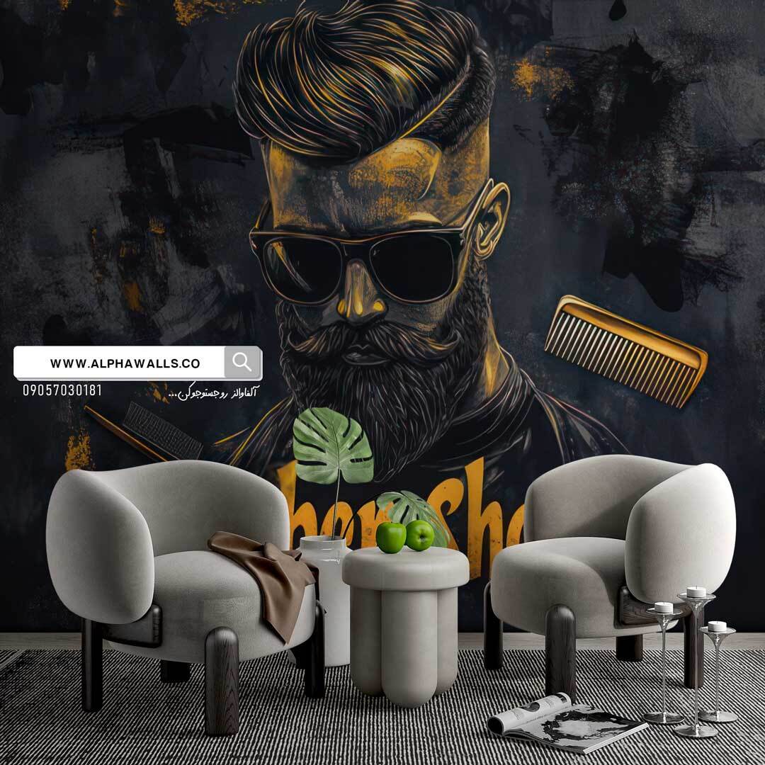  پوستر دیواری باربرشاپ طرح چهره مرد با استایل کلاسیک و پس‌زمینه مشکی طلایی 