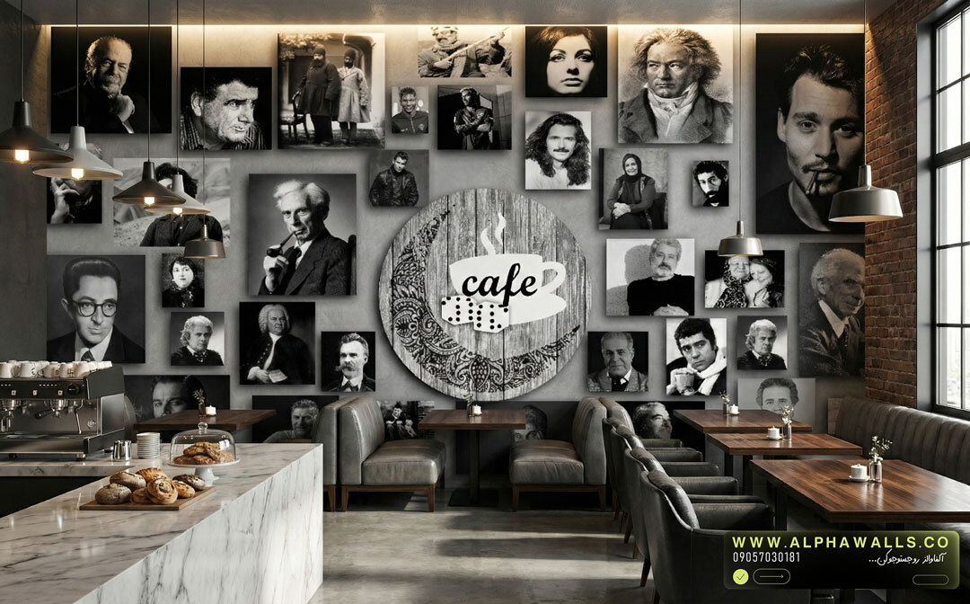  پوستر دیواری کافه طرح گالری پرتره مشاهیر با سبک هنری مونوکروم 