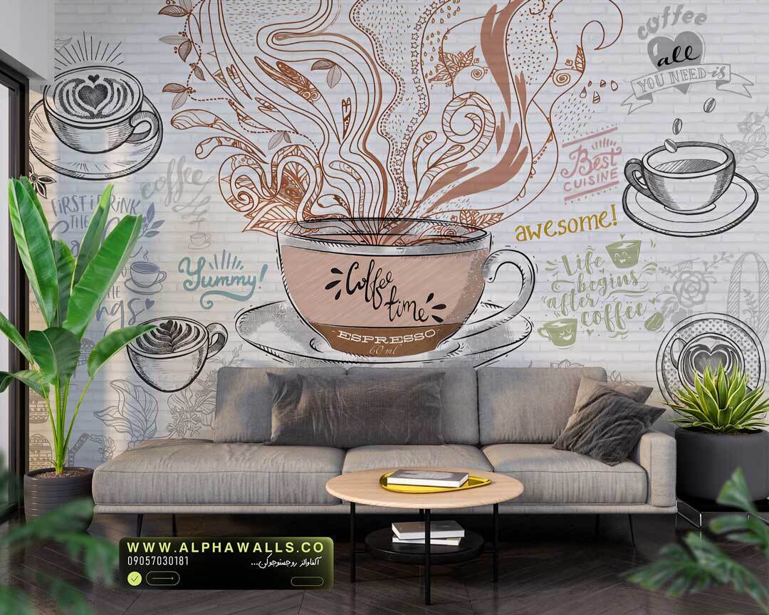  پوستر دیواری فنجان قهوه هنری | طرح اسکچ قهوه با پس‌زمینه آجری روشن 