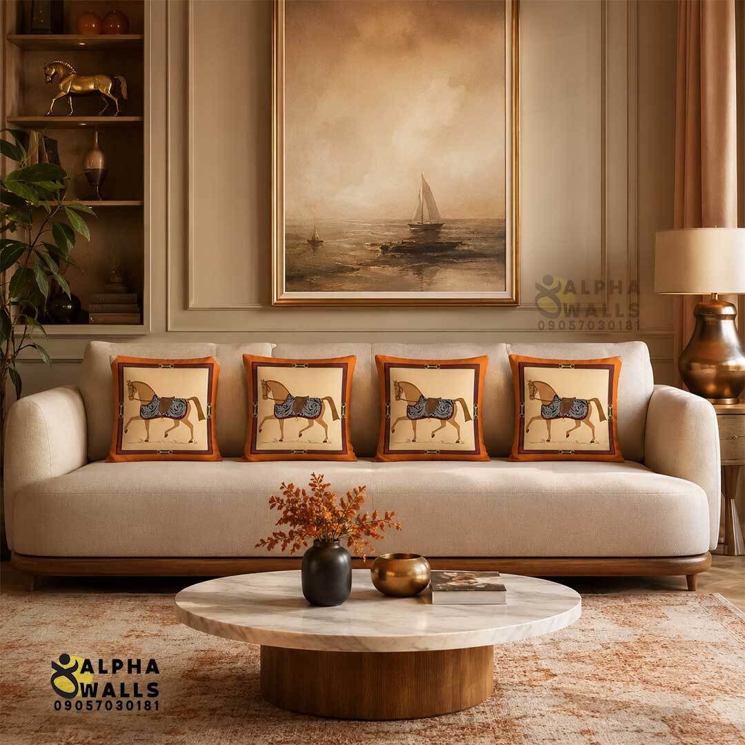 روکش کوسن مخمل نارنجی طرح اسب کلاسیک مدل Classic Horse Orange