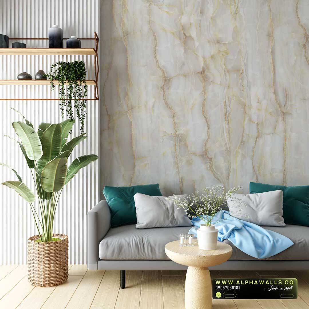  پوستر دیواری طرح سنگ اونیکس سفید روشن با رگه‌های طلایی ظریف 