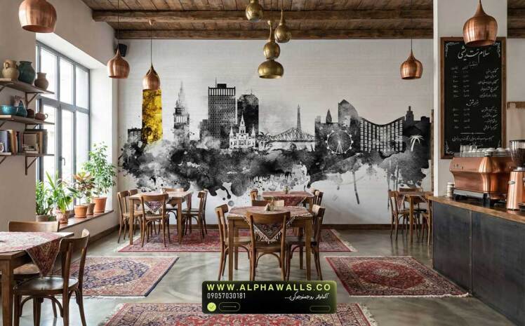 پوستر دیواری طرح اسکای‌لاین شهری با سبک هنری مدرن و مونوکروم