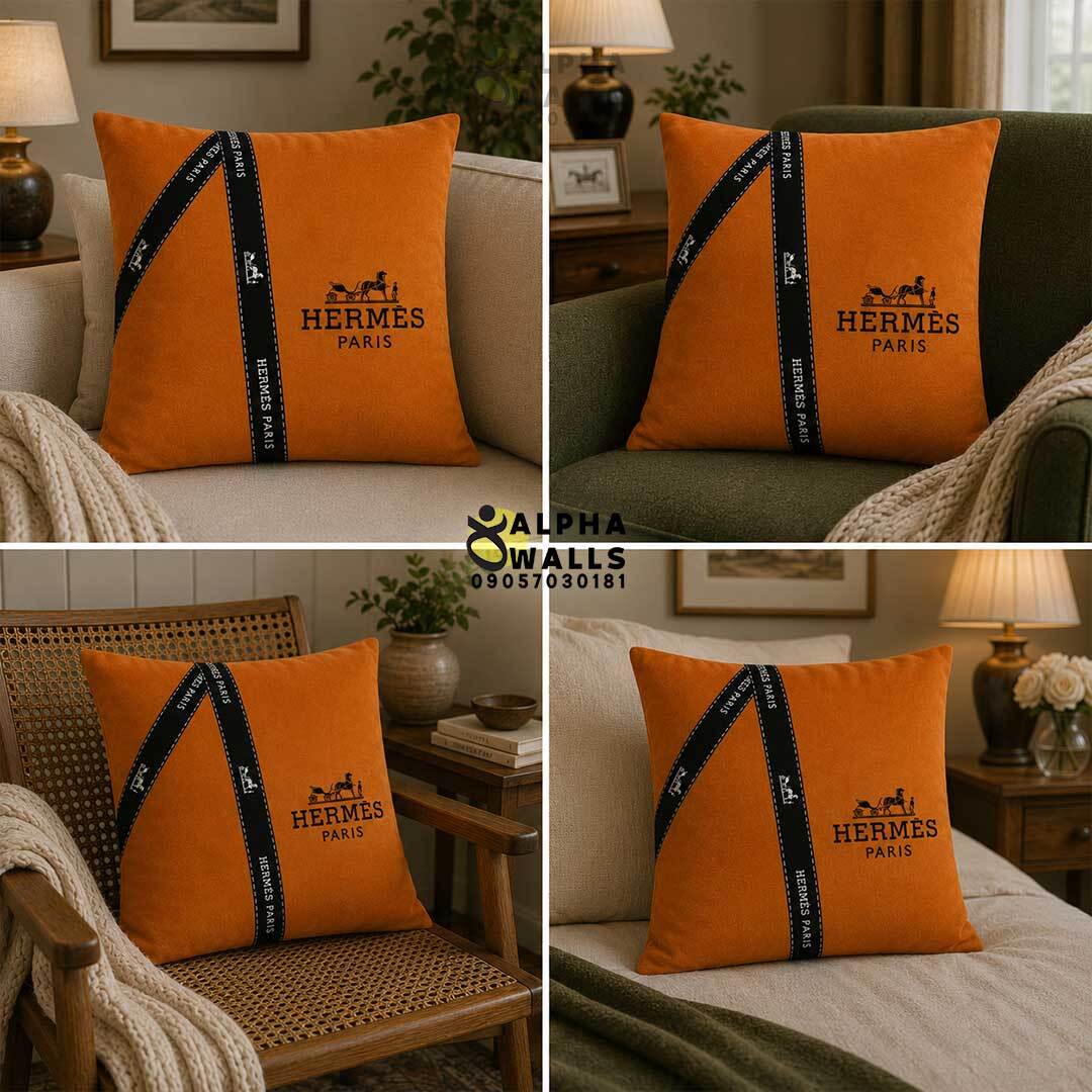 روکش کوسن مخمل نارنجی طرح مینیمال هرمس مدل Hermes Ribbon Orange