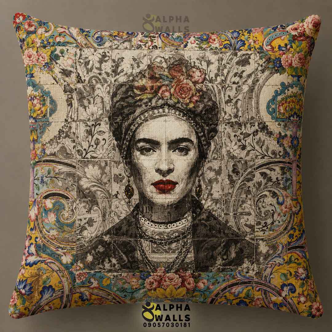 روکش کوسن مخمل طرح فریدا کالو و کاشی ایرانی رنگی مدل Frida Persian