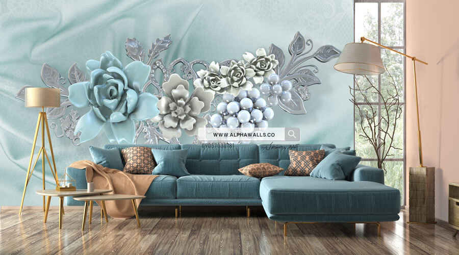  پوستر دیواری سه‌بعدی گل‌های فیروزه‌ای و نقره‌ای – طرح لوکس و مدرن 