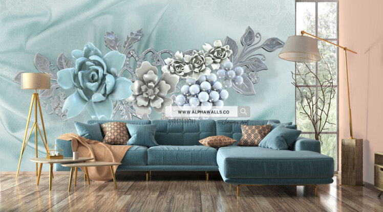 پوستر دیواری سه‌بعدی گل‌های فیروزه‌ای و نقره‌ای – طرح لوکس و مدرن