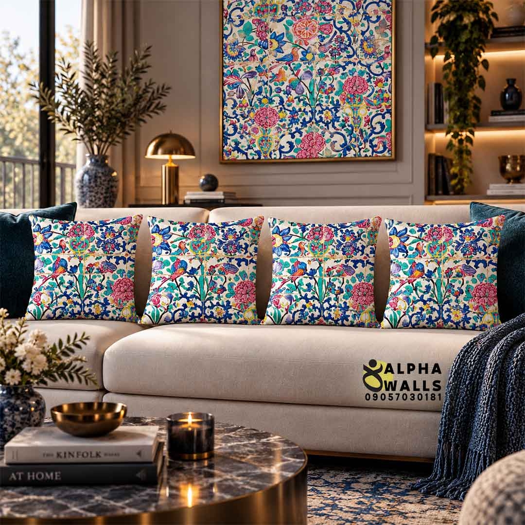 روکش کوسن مخمل طرح کاشی گل و مرغ | Persian Floral Tile