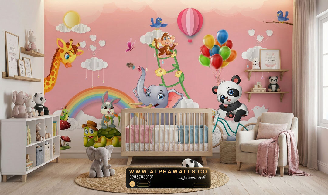  پوستر دیواری کودک طرح حیوانات شاد با بالن‌های رنگی 