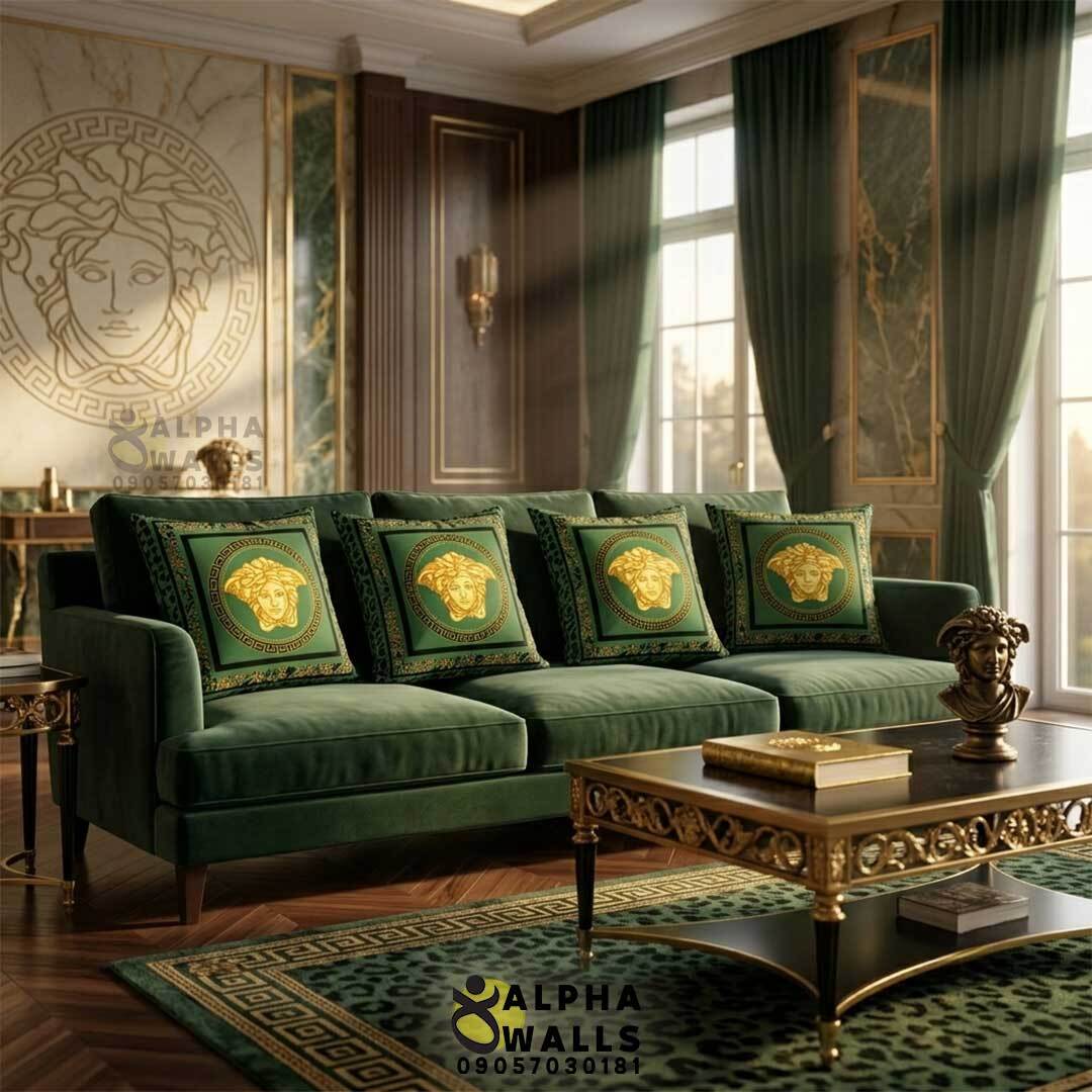 روکش کوسن مخمل طرح مدوسا طلایی و پلنگی سبز مدل Emerald Medusa