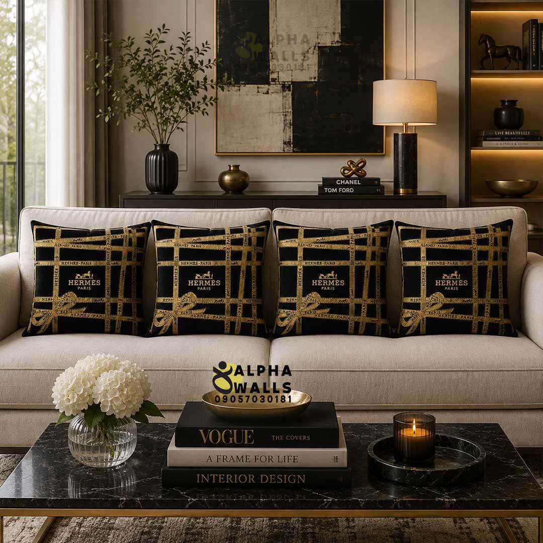  کاور کوسن مخمل مشکی طلایی طرح روبان Luxury Ribbon Paris | روکش کوسن مبل لوکس 