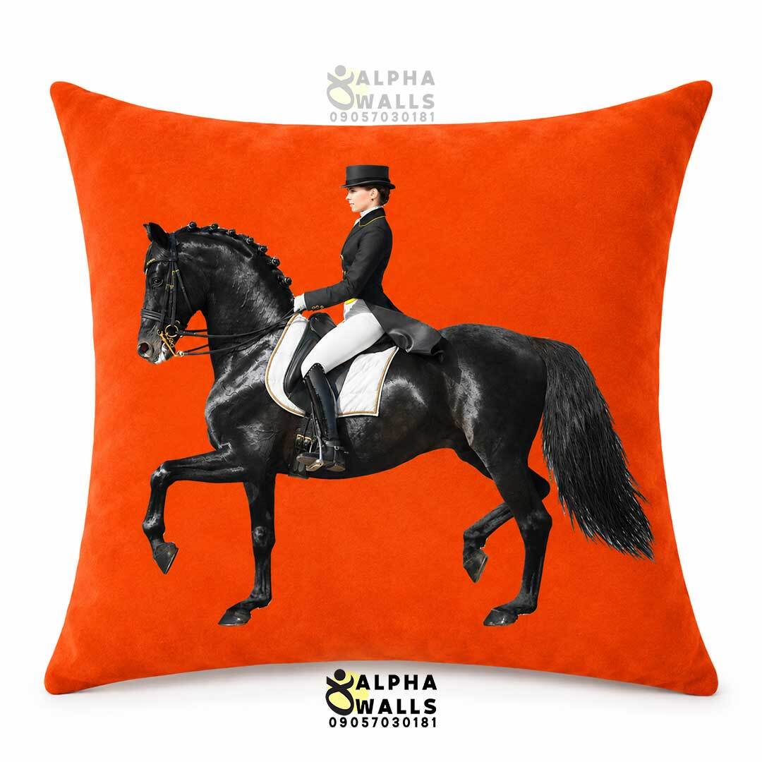 کاور کوسن مخمل طرح اسب و سوارکار مشکی Black Equestrian | روکش کوسن نارنجی لوکس