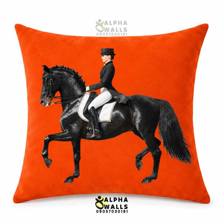 کاور کوسن مخمل طرح اسب و سوارکار مشکی Black Equestrian | روکش کوسن نارنجی لوکس