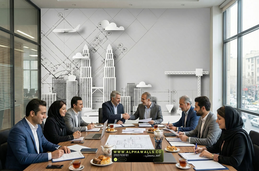 پوستر دیواری دفتر مهندسی طرح نقشه شهری و آسمان‌خراش مدرن 