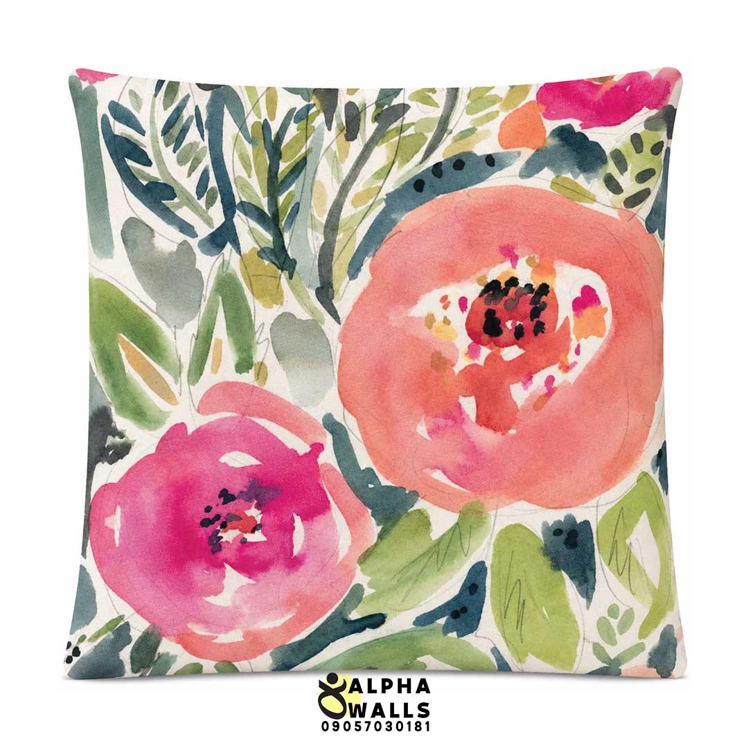 روکش کوسن مخمل طرح گل آبرنگی صورتی مدل Watercolor Bloom