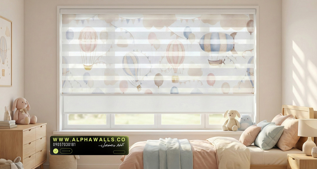  پرده زبرا اتاق کودک طرح بالن‌های پاستلی و آسمان رویایی 