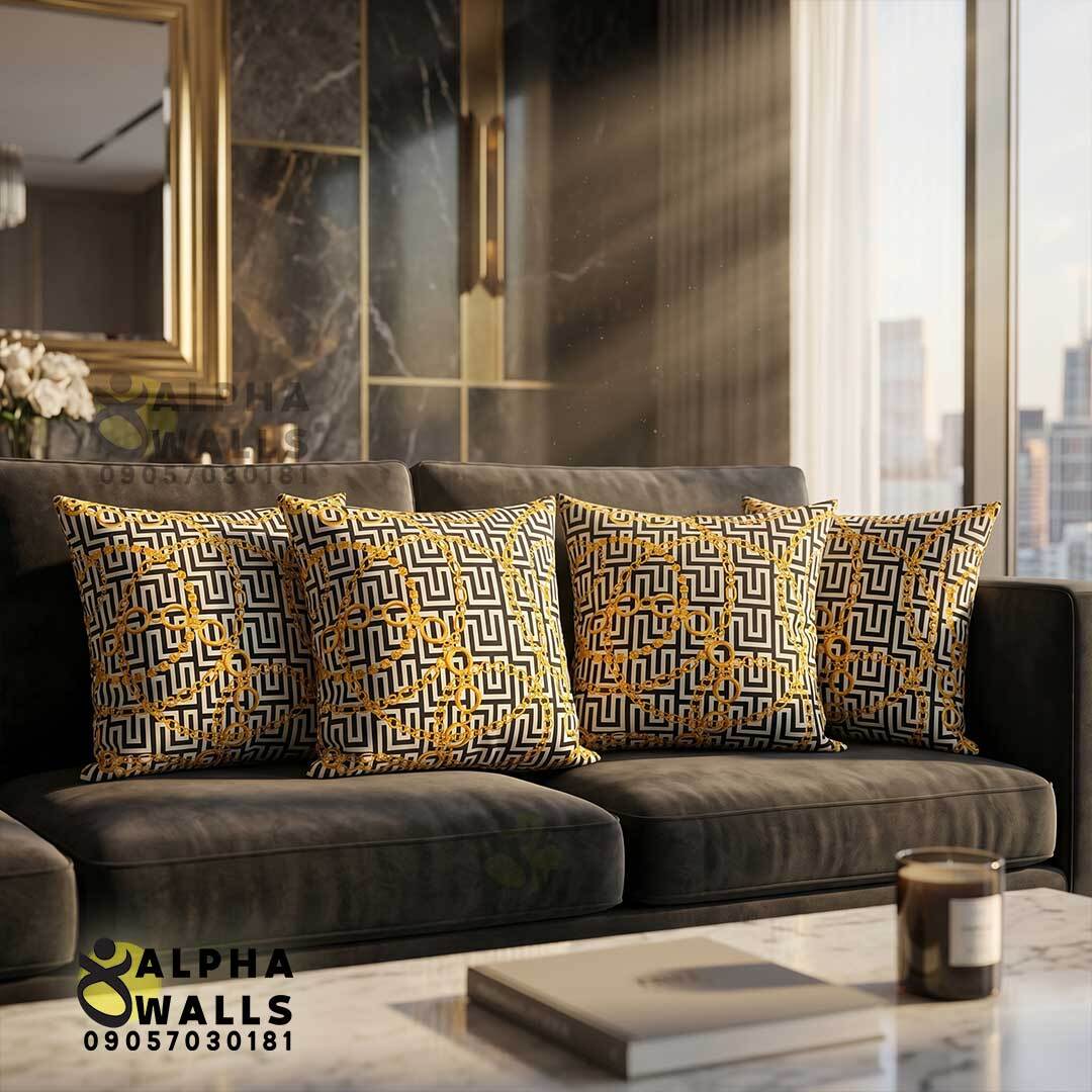 روکش کوسن مخمل طرح زنجیر طلایی و هندسی مشکی مدل Golden Chain