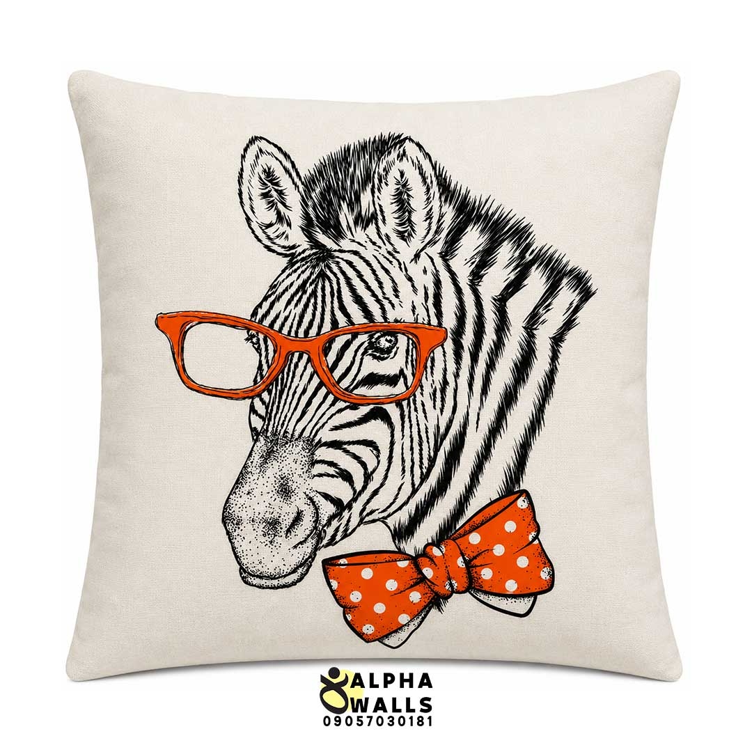روکش کوسن مخمل طرح گورخر عینکی با پاپیون نارنجی مدل Hipster Zebra