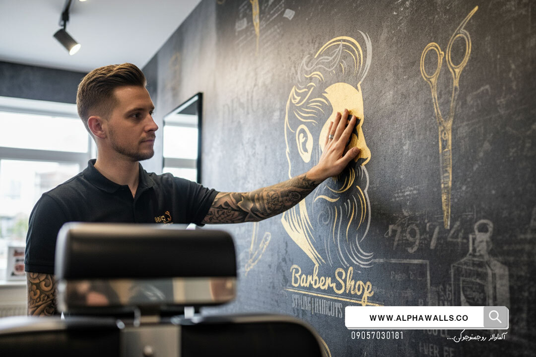  پوستر دیواری آرایشگاه مردانه طرح چهره طلایی روی زمینه مشکی صنعتی 
