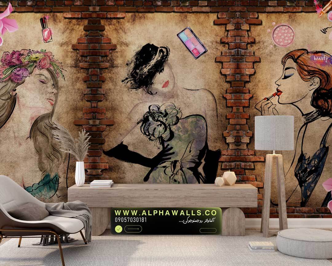  پوستر دیواری سالن زیبایی طرح چهره‌های زن و دیوار آجری هنری 