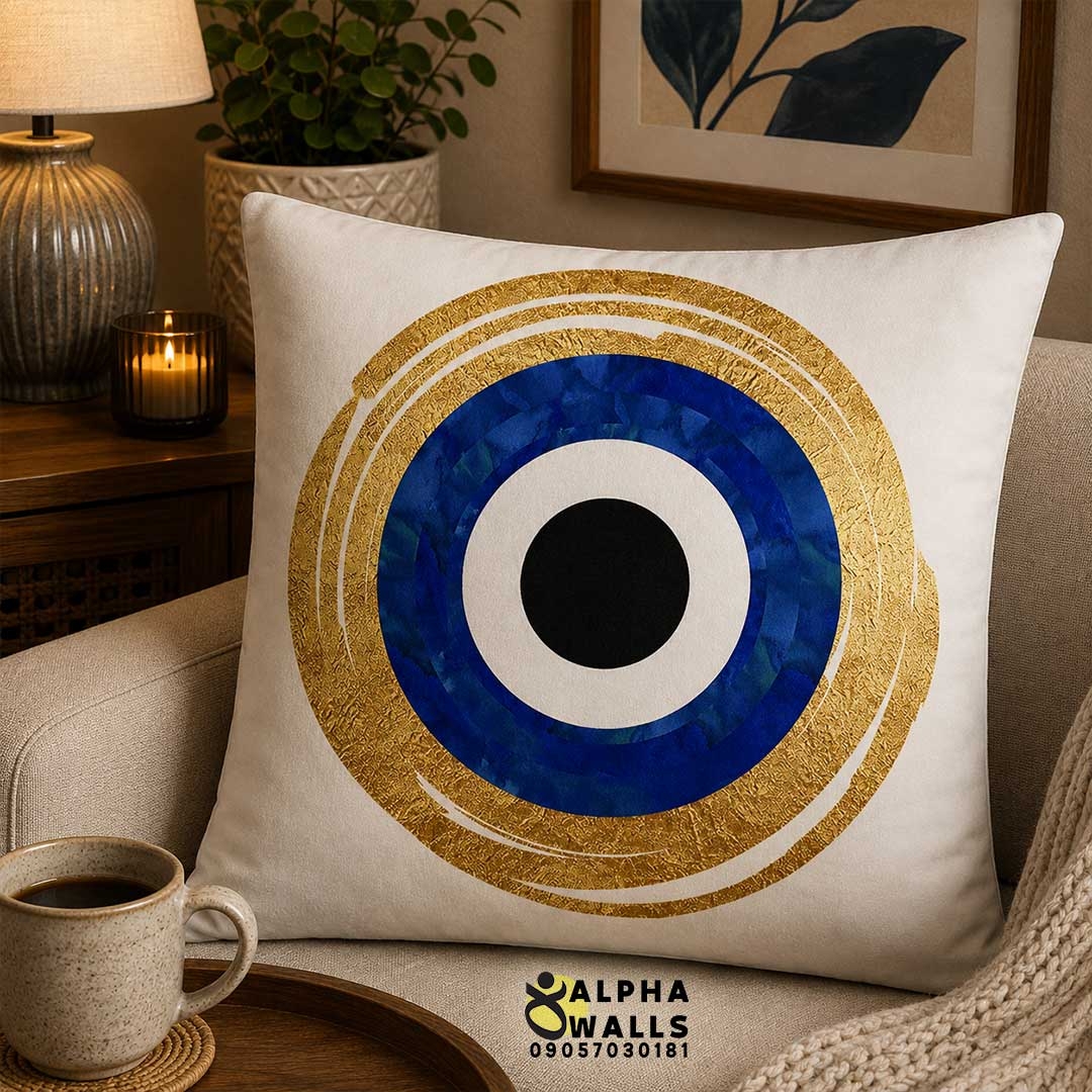 روکش کوسن مخمل طرح چشم نظر آبی طلایی مدل Golden Evil Eye
