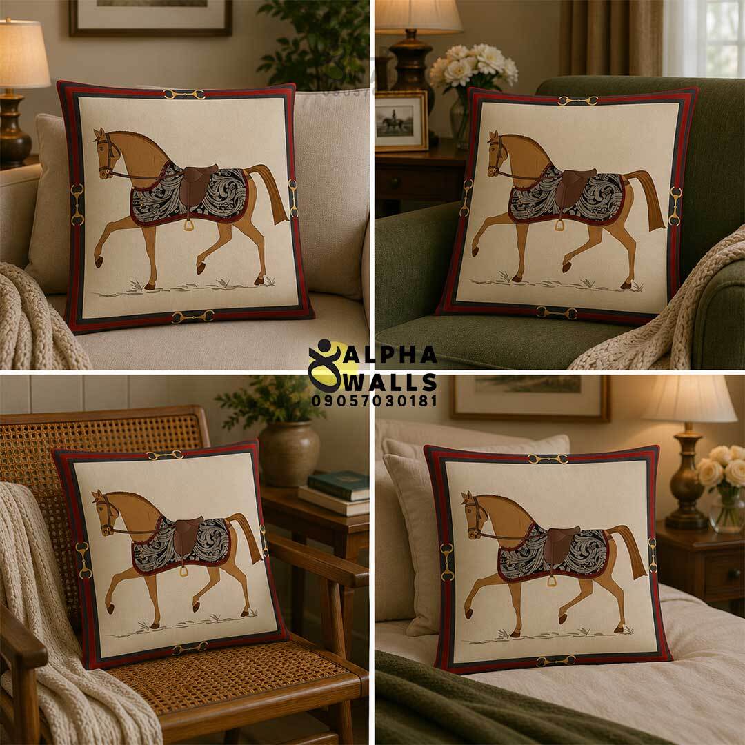 روکش کوسن مخمل کرم طرح اسب کلاسیک مدل Elegant Horse Beige